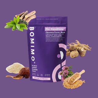 A packet of The Menoshake against a purple background surrounded by nutrients designed to support menopausal health.
